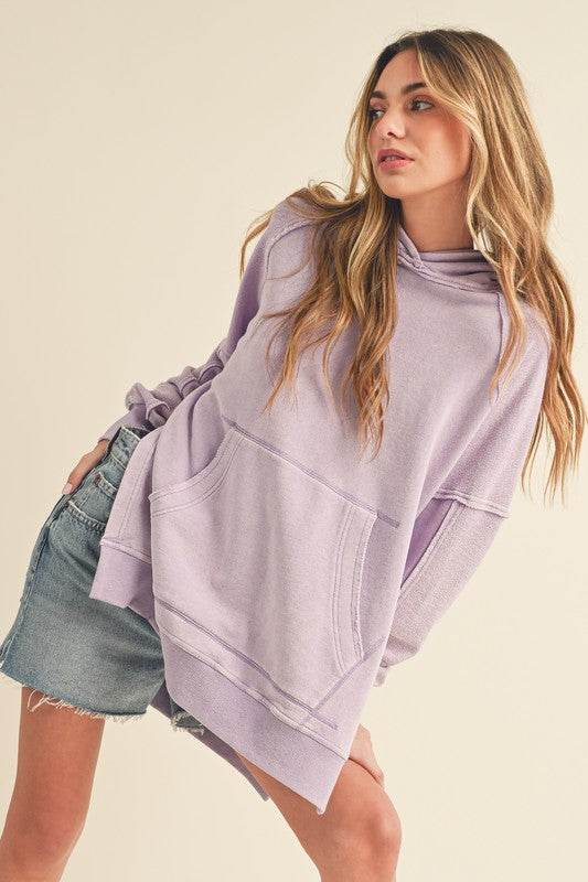 Aemi + Co Exposed Seam Side Slit Hoodie with Kangaroo Pocket - Shop Style & More | Fresh Looks, Everyday Deals & Free Shipping