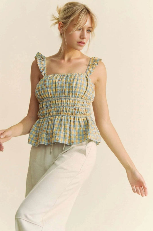 Davi & Dani Plaid Ruffled Strap Smocked Sleeveless Top - Shop Style & More | Fresh Looks, Everyday Deals & Free Shipping