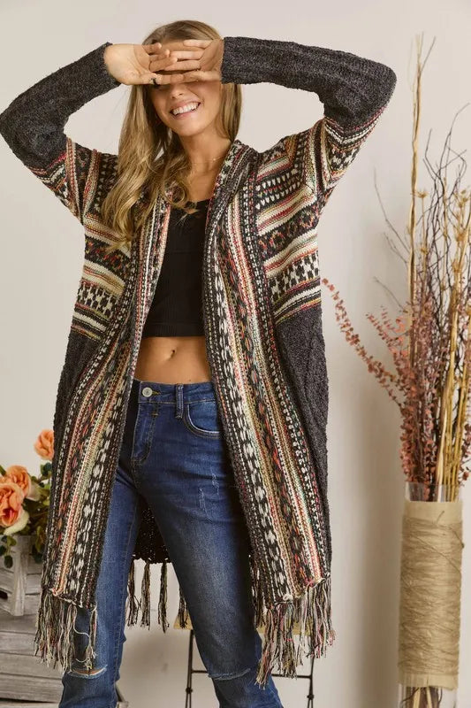 ADORA Full Size Fringe Hem Aztec Cardigan Plus Size Women's Outerwear
