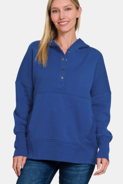 Zenana Half Snap Long Sleeve Hoodie with Kangaroo Pocket Hoodies & Sweaters