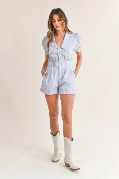 MABLE Striped Puff Sleeve Collared Neck Romper - Shop Style & More | Fresh Looks, Everyday Deals & Free Shipping