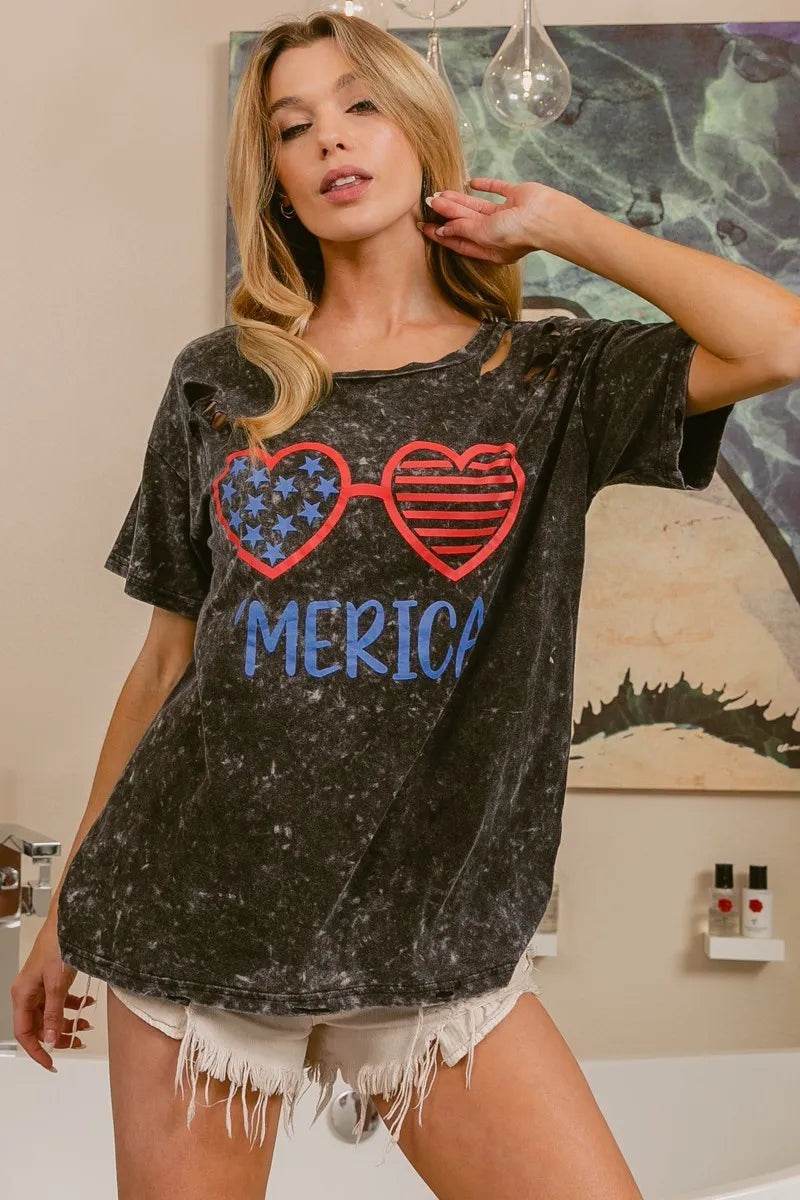 BiBi 4th Of July Theme Mineral Washed Laser Cut Top - Shop Style & More | Fresh Looks, Everyday Deals & Free Shipping