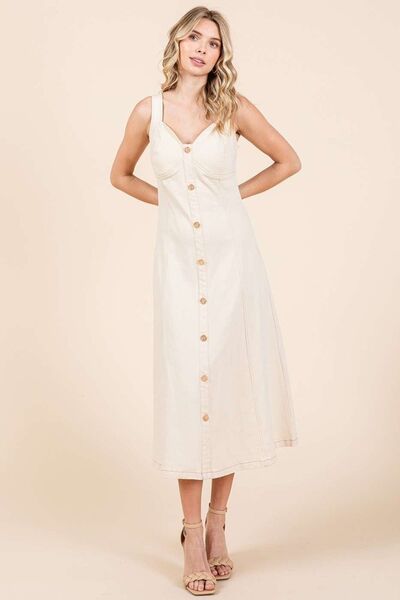 Mittoshop Stretch Twill Decor Button Sleeveless Midi Dress Casual Dresses