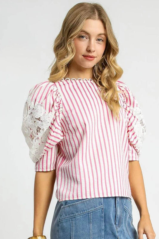 Umgee Striped Lace Puff Sleeve Blouse - Shop Style & More | Fresh Looks, Everyday Deals & Free Shipping
