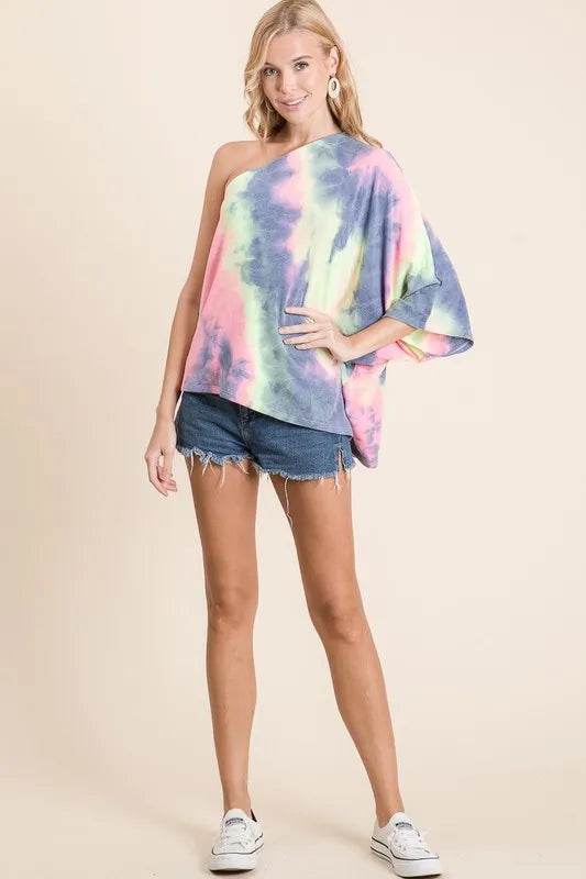BiBi Tie Dye French Terry One Shoulder Top with Dolman - Shop Style & More | Fresh Looks, Everyday Deals & Free Shipping