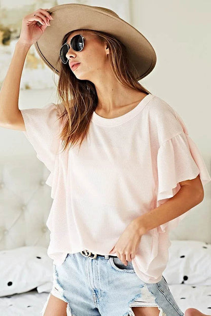BiBi Thermal Knit with Ruffled Sleeve Top - Shop Style & More | Fresh Looks, Everyday Deals & Free Shipping
