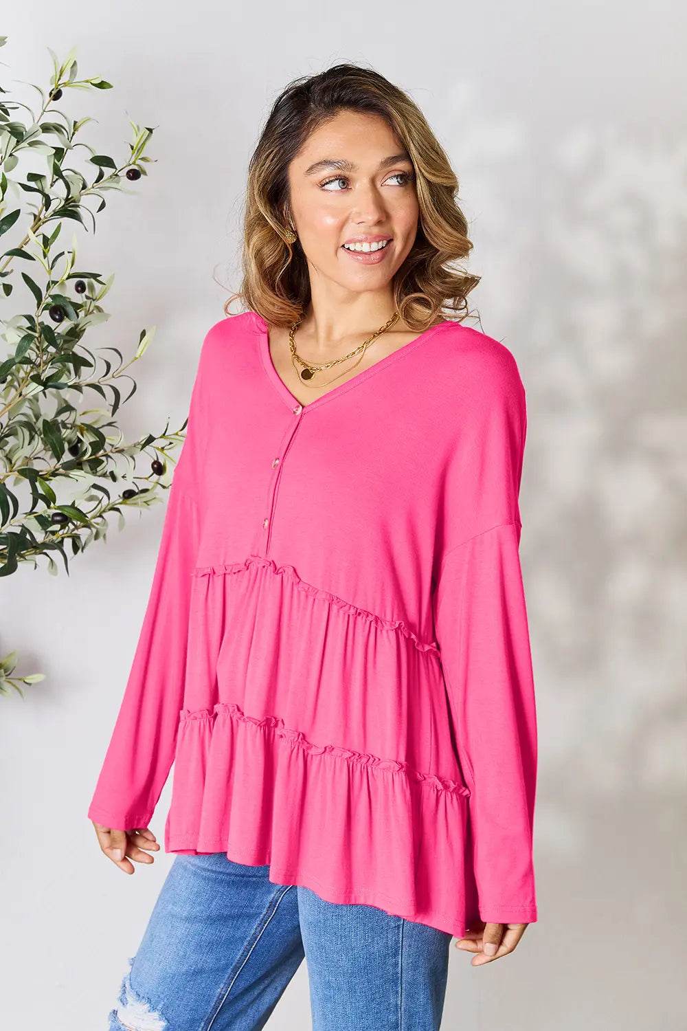 Double Take Half Button Long Sleeve Ruffle Hem Blouse - Shop Style & More | Fresh Looks, Everyday Deals & Free Shipping