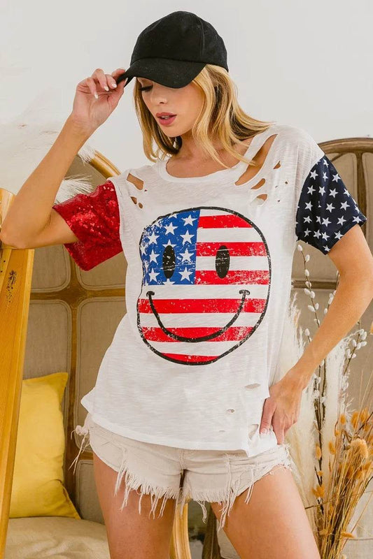 BiBi Fourth Of July Top With Laser Cut And Smile Face - Shop Style & More | Fresh Looks, Everyday Deals & Free Shipping