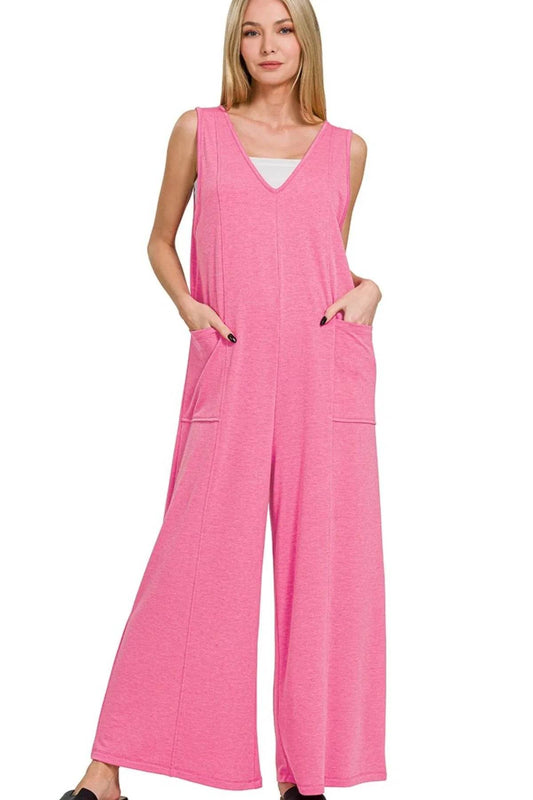 Zenana French Terry Deep V Neck Jumpsuits - Shop Style & More | Fresh Looks, Everyday Deals & Free Shipping
