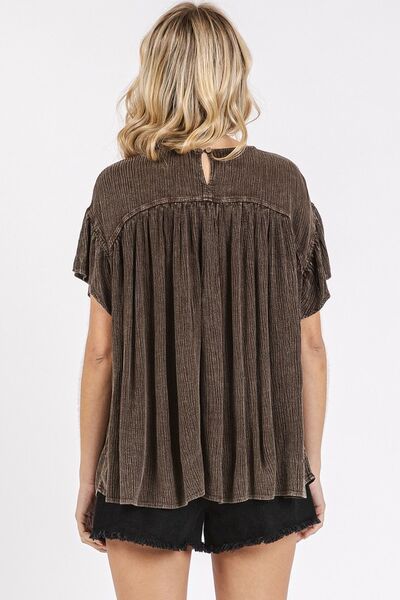 Mittoshop Mineral Washed Round Neck Ruffle Sleeve Blouse Blouses