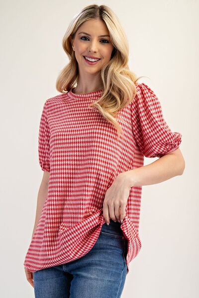 Celeste Full Size Gingham Print Top With Puff Sleeves Plus Size Scarlet Blouses