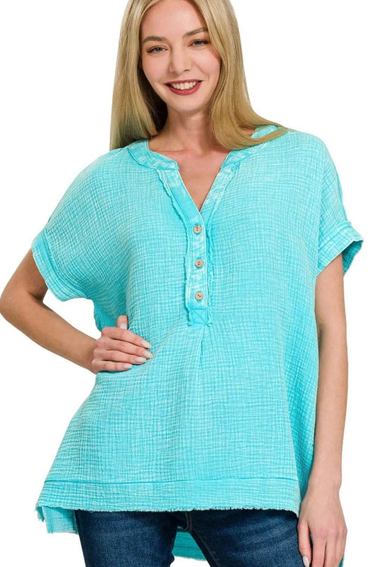Zenana Washed Double Gauze 3/4 Button Henley Neck Shirt - Shop Style & More | Fresh Looks, Everyday Deals & Free Shipping