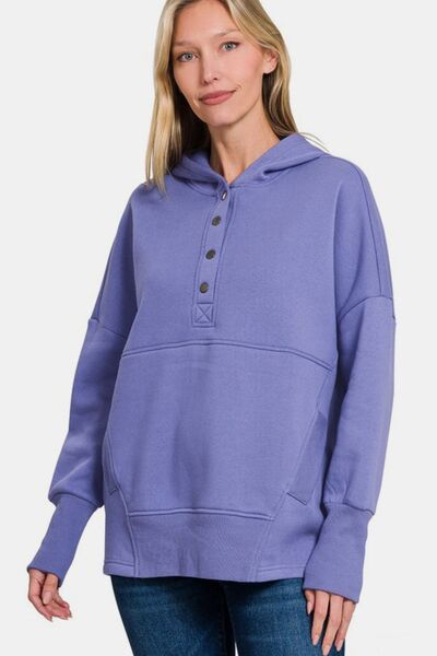 Zenana Half Snap Long Sleeve Hoodie with Kangaroo Pocket Hoodies & Sweaters