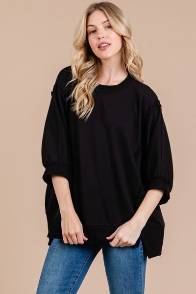 Ces Femme Side Slit Drop Shoulder Puff Sleeve Sweatshirt Hoodies & Sweaters