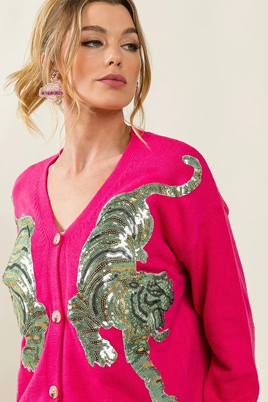 BiBi Front Tiger Sequin Patch V-neck Sweater Cardigan Women's Outerwear
