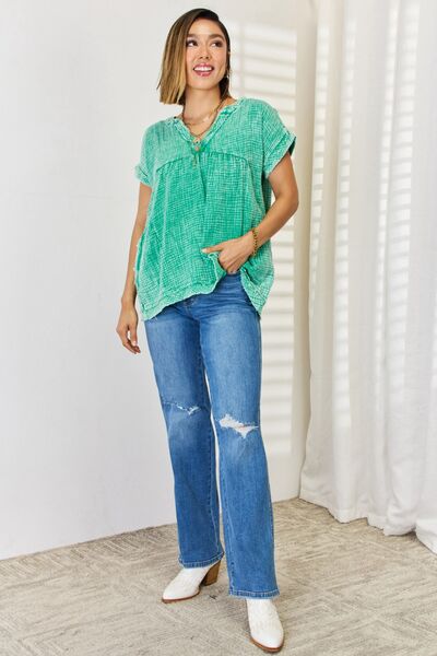 Zenana Washed Raw Hem Blouse with Pockets - Short Sleeve Blouses