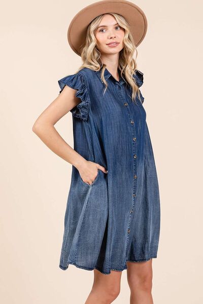 Mittoshop Washed Chambray Ruffle Sleeve Buttoned Mini Dress Casual Dresses