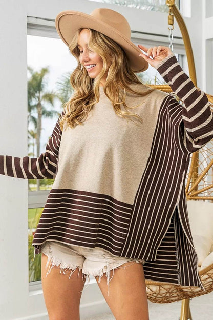 BiBi Striped Contrast Long Sleeve Slit Top - Shop Style & More | Fresh Looks, Everyday Deals & Free Shipping