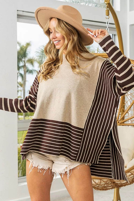 BiBi Striped Contrast Long Sleeve Slit Top - Shop Style & More | Fresh Looks, Everyday Deals & Free Shipping
