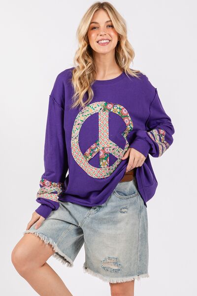 SAGE+FIG Peace Applique Patch Long Sleeve Top Blueberry Hoodies & Sweaters