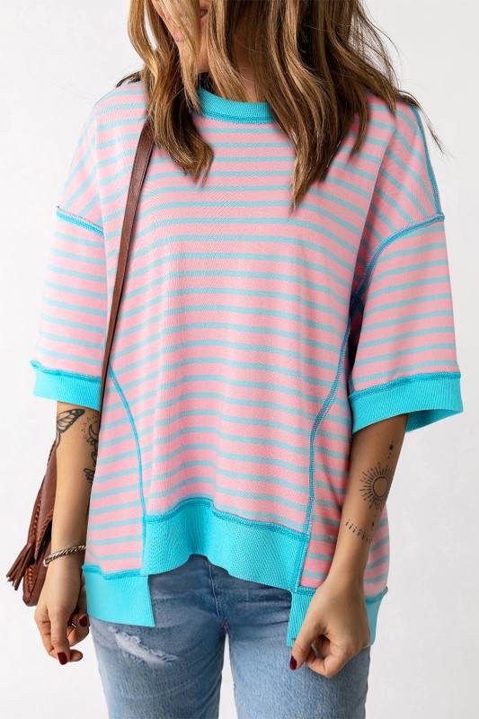Adley Stripe Oversized Exposed Seam High Low Top - Shop Style & More | Fresh Looks, Everyday Deals & Free Shipping