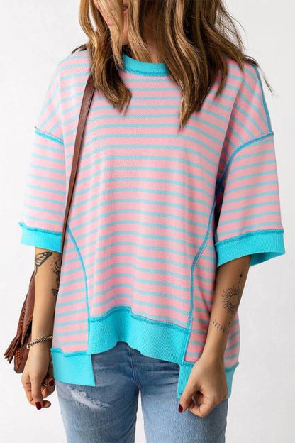 Adley Stripe Oversized Exposed Seam High Low Top - Shop Style & More | Fresh Looks, Everyday Deals & Free Shipping