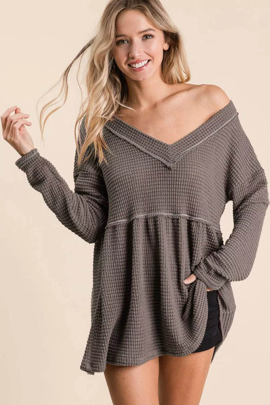 BiBi Waffle Knit V-Neck Babydoll Blouse - Shop Style & More | Fresh Looks, Everyday Deals & Free Shipping