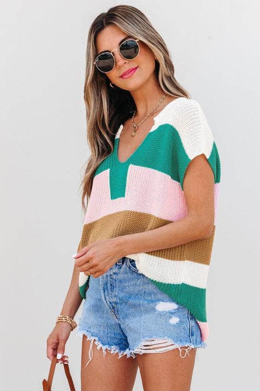 Elliot Color Block Notch V Neck Sweater Top - Shop Style & More | Fresh Looks, Everyday Deals & Free Shipping