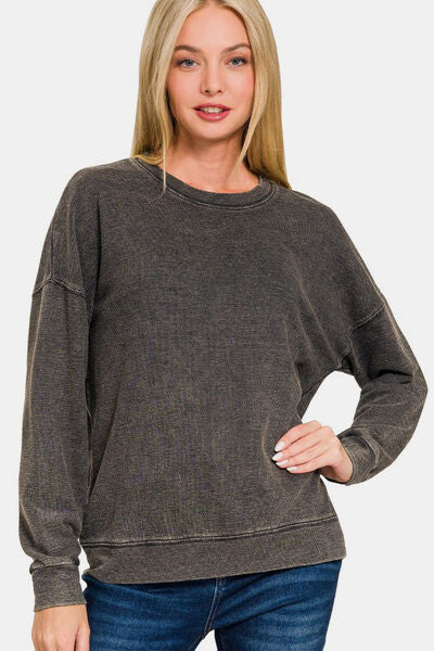 Zenana Washed Round Neck Dropped Shoulder Sweatshirt Black Hoodies & Sweaters