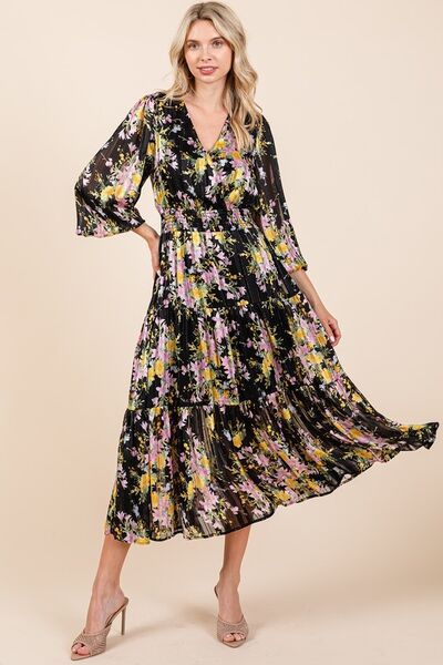 Mittoshop Flower Print Satin Lurex Stripe Smocked Midi Dress Black Casual Dresses