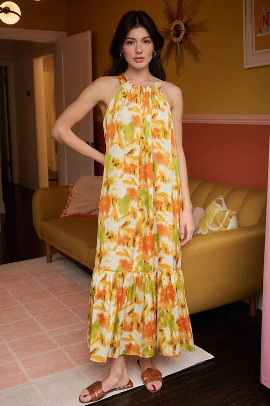 Mittoshop Watercolor Print Halter Neck Satin Maxi Dress - Shop Style & More | Fresh Looks, Everyday Deals & Free Shipping