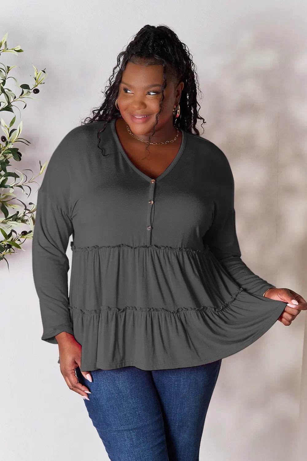 Double Take Half Button Long Sleeve Ruffle Hem Blouse - Shop Style & More | Fresh Looks, Everyday Deals & Free Shipping
