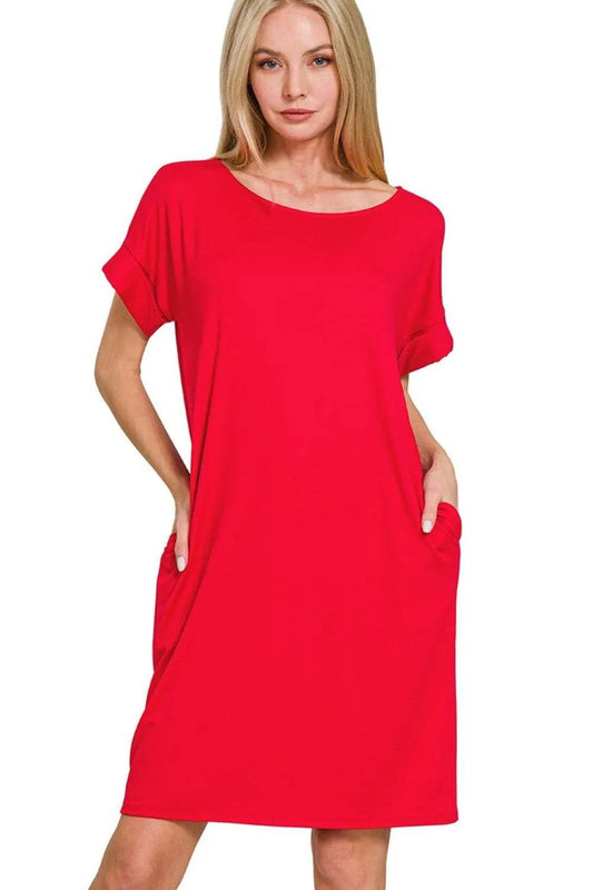 Zenana Rolled Short Sleeve Round Neck Dress - Shop Style & More | Fresh Looks, Everyday Deals & Free Shipping