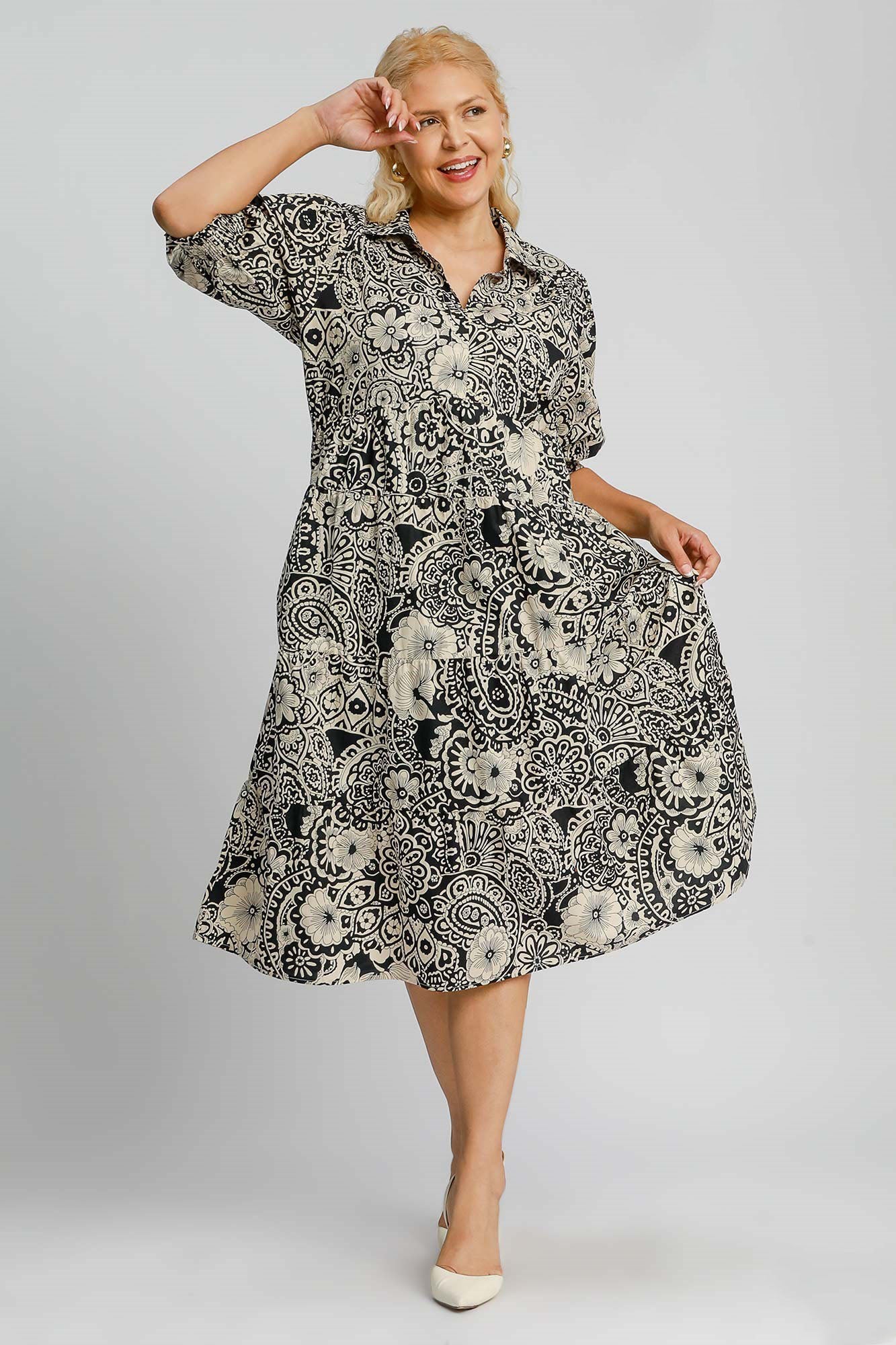 Umgee Full Size Printed Smocked Cuff Puff Sleeve Midi Dress Plus Size Casual Dresses