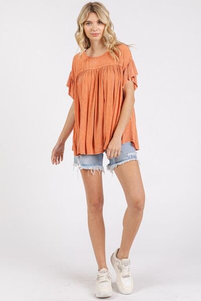 Mittoshop Mineral Washed Round Neck Ruffle Sleeve Blouse Blouses