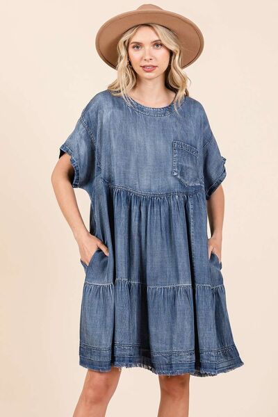 Mittoshop Washed Chambray Denim Oversized Tier Mini Dress Medium Casual Dresses