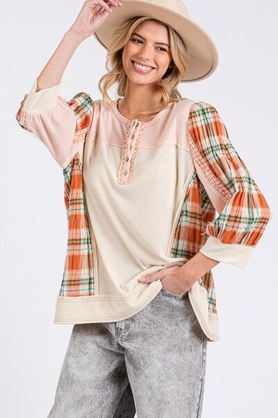 SAGE + FIG Exposed Seam Button Detail Plaid Top PINK Blouses