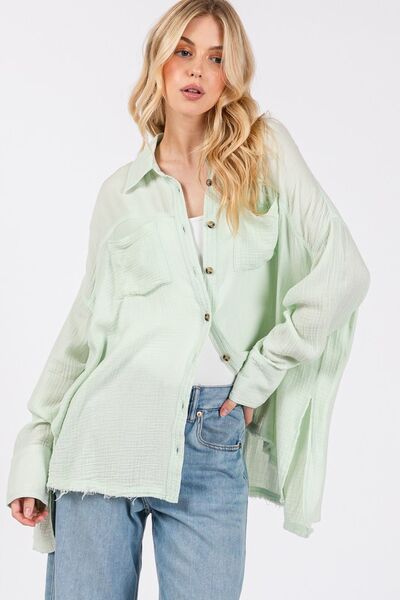 SAGE + FIG Frayed Hem Side Slit Button Down Shirt Blouses