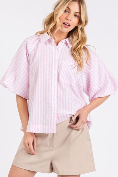 Mittoshop Button Down Striped Puff Sleeve Shirt Blouses