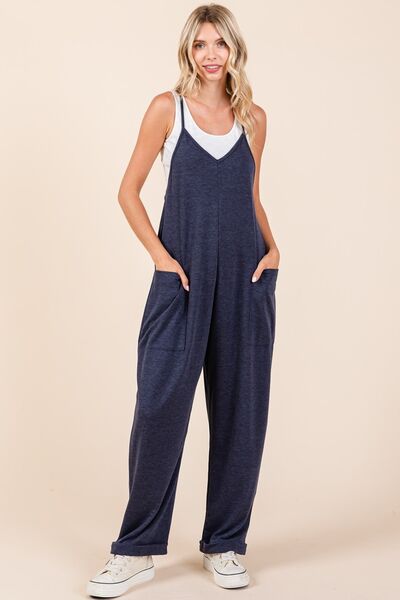 Mittoshop Patch Pocket Wide Leg Sleeveless Jumpsuit Navy Jumpsuits