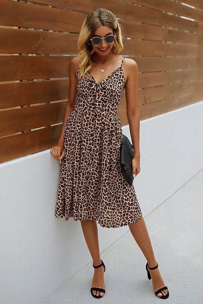 V Neck Spaghetti Strap Leopard Cut Out Midi Dress - Shop Style & More | Fresh Looks, Everyday Deals & Free Shipping