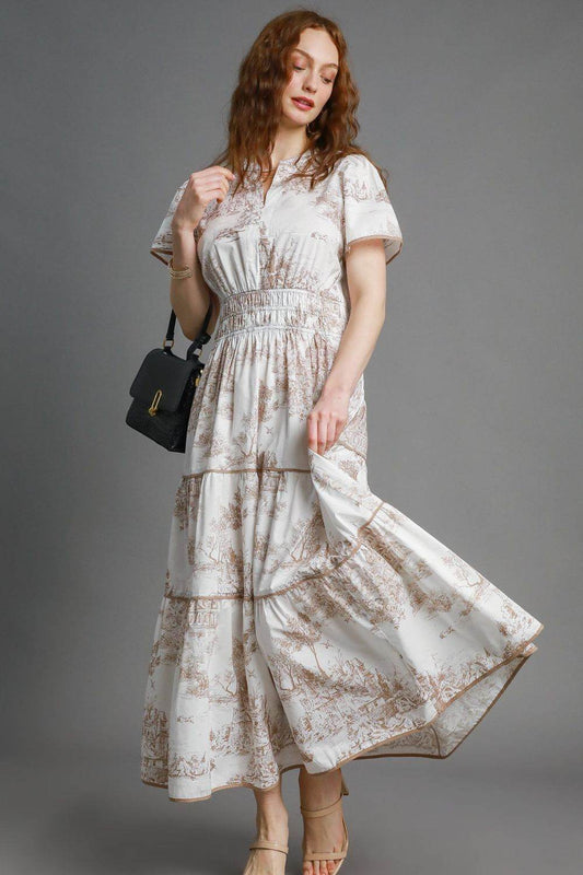 Umgee Full Size Landscape Print Short Sleeve Tiered Maxi Dress Plus Size - Shop Style & More | Fresh Looks, Everyday Deals & Free Shipping