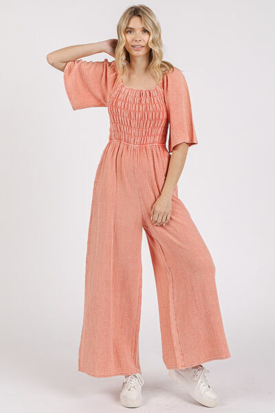 Mittoshop Mineral Wash Wide Leg Jumpsuit with Ruched Design Watermelon pink Jumpsuits
