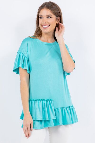 Celeste Full Size Ruffle Detail Asymmetrical Top Plus Size Blouses