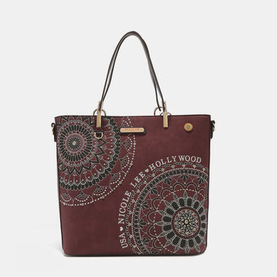 Nicole Lee USA Metallic Stitching Embroidery Inlaid Rhinestone Tote Bag Wine One Size Bags