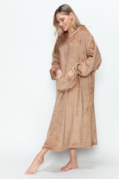 Double Take Full Size Pocketed Hooded Midi Lounge Dress Sleepwear