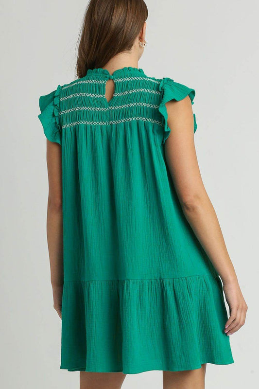 Umgee Full Size Smocked Contrast Stitching Ruffle Cap Sleeve Round Neck Dress Plus Size - Shop Style & More | Fresh Looks, Everyday Deals & Free Shipping