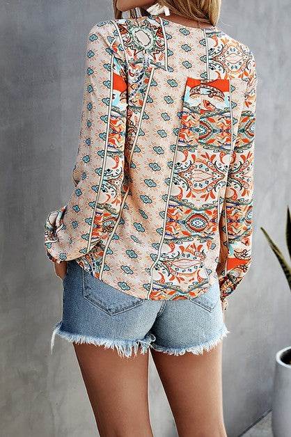 V Neck Graphic Pattern Notched Neck Blouse - Shop Style & More | Fresh Looks, Everyday Deals & Free Shipping