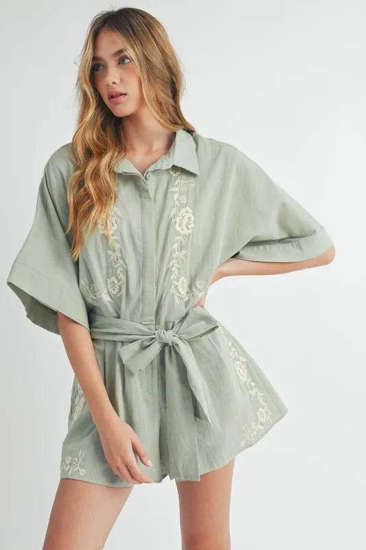 MABLE Embroidered Button Down Collared Neck Romper - Shop Style & More | Fresh Looks, Everyday Deals & Free Shipping