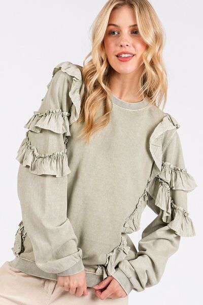 Mittoshop Ruffled Mineral Washed Round Neck Long Sleeve Sweatshirt Hoodies & Sweaters